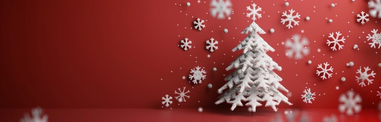 Wall Mural - Snowy Christmas Tree on Red Background