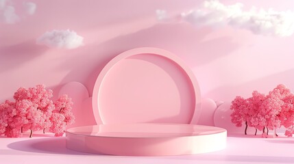 Poster - 3d rendering of a pink podium with a pink background. There are pink cherry blossom trees on either side of the podium.