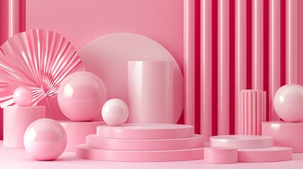 Poster - This is a 3D rendering of a pink and white geometric background. The image features a podium or stage with a pink and white gradient color scheme.