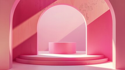 Poster - this is a 3d rendering of a pink podium with a spotlight on it.