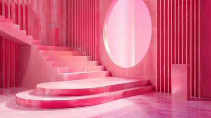 Fototapete - This is a 3D rendering of a pink and white podium. The podium has three steps and a circular opening in the back.