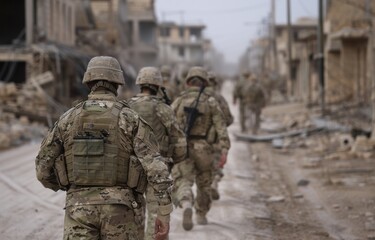 Wall Mural - Soldiers Walking Through War-Torn City