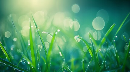 Wall Mural - Thick grass blades covered in morning dew