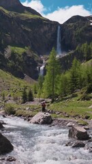 vertical video of a tourist active man with a backpack hiking towards lauenen waterfall swiss alps. 