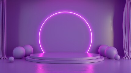 Poster - 3d rendering of a purple podium with a glowing purple circle and purple balls. the podium is surroun