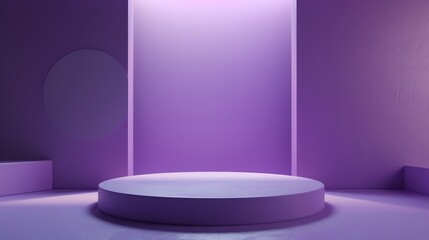 Poster - 3D rendering of a purple podium with a spotlight. The podium is surrounded by purple walls and there is a circular cutout on the left wall.
