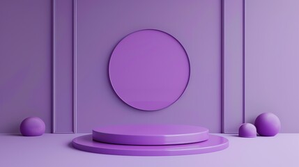 Fototapete - 3D rendering of a purple podium with a circular backdrop. The podium is surrounded by two spheres. The background wall has aå‡¹å‡¸é›•åˆ»çš„å¢™é¢.