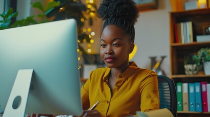 Poster - black woman working on computer in office for online report, email, and internet research. african w