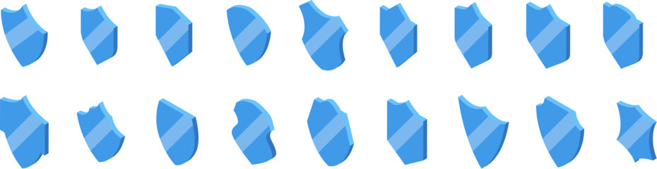 Poster - Glass protect shield icons set. Set of blue shield icons is presented, each rotated to offer a unique perspective on the concept of security