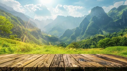 mountain green field landscape background and wooden empty dais table top for hiking tourism, camping equipment, travel tour trip in outdoor nature, eco friendly, product display mockup and copy space