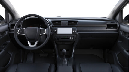 Generic car dashboard interior, steering wheel and dashboard pov, inside modern vehicle, automobile isolated on white or transparent background
