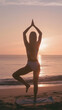 © Infinite Art Labs - Sunrise Yoga Bliss: A Fit Young Woman Practicing Yoga on a Serene Beach. Copyspace