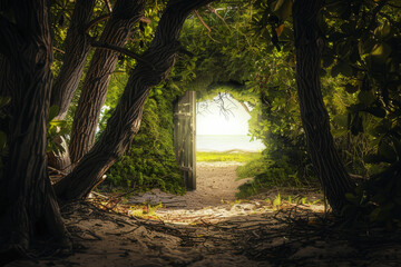Wall Mural - a forest clearing or a secluded beach, where a time portal suddenly appears, blending the tranquilit