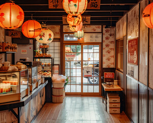 Traditional Japanese restaurant interior with warm paper lantern lighting, handcrafted decor, Japanese calligraphy signs, and a serene and cozy atmosphere.