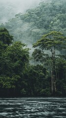 Wall Mural - A misty rainforest with a river in the foreground