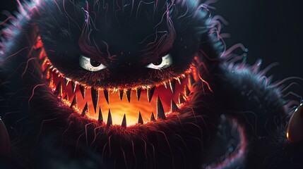 Wall Mural - Close-up of the monster with a wicked grin full of sharp teeth. Evil creature. Creepy grimace of a scary character. Illustration for varied design.