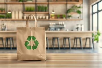 Eco-friendly paper bag with a recycling symbol on a cafe table, promoting sustainability and green living in modern dining spaces.