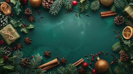 Sticker - Top view of a green table decorated with a Christmas tree spices and presents