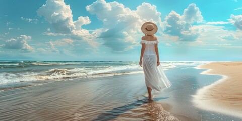 Wall Mural - Woman walking along the beach