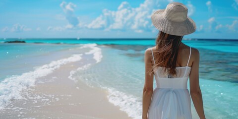 Wall Mural - Woman walking along the beach