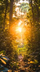 Wall Mural - Sunbeams pierce through foliage, illuminating a pathway