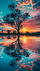 Wall Mural - Tree against sunset, reflected in lake