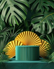 Tropical-themed 3D podium display with yellow fans on dark background for product presentation in online store. 3D Rendering Mock up