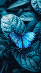 Wall Mural - A vibrant blue Morpho butterfly perches on a teal leaf