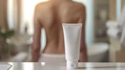 Wall Mural - White cosmetic tube on table in bathroom background with blurred woman