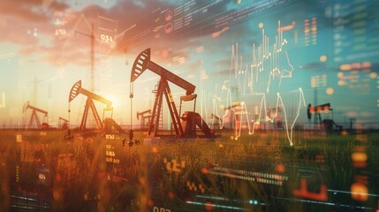 Poster - Oil pumpjacks stand in a field at sunset, their silhouettes highlighted by a digital overlay of financial charts, linking oil production to market changes. Generative AI