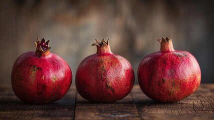 Poster - three ripe pomegranates with visible seeds sit on a rustic wooden surface. generative ai