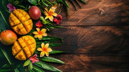 Poster - Mango slices and whole fruit placed on table made of wood