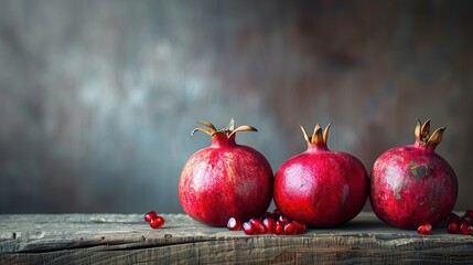 Poster - three ripe pomegranates, with some seeds scattered around them, are arranged on a rustic wooden tabl