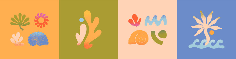 Wall Mural - vector set of abstract summer nature elements.hand drawn palm,organic form,sun,coral,seashells,waves