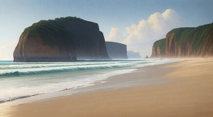 Sticker - a painting of a beach with a large rock formation in the background