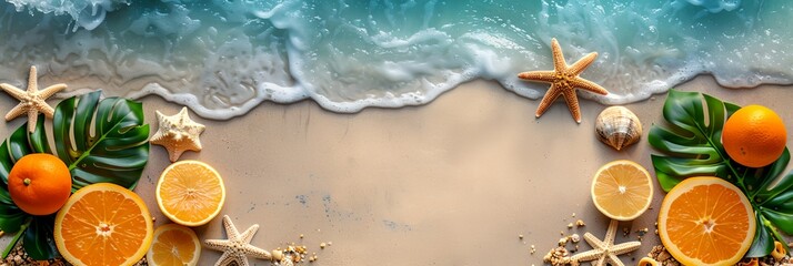 Sticker - a beach scene with oranges, starfish and shells on the sand and a wave crashing in the background..