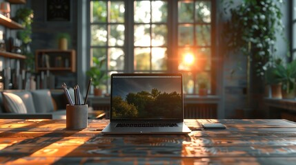 Poster - laptop on wooden table with sunset view through window