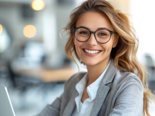 Wall Mural - A young woman in a business suit smiles while working on a laptop computer