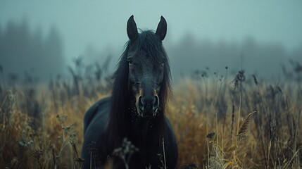 A black horse stands in a field, with fog and tall grasses obscuring the background