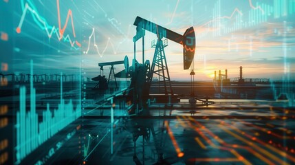 Aufkleber - Oil pumps silhouetted against a sunset sky with overlaid financial charts. Generative AI