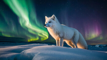 a majestically elegant arctic fox, its pristine white fur glistens under the soft glow of the northe