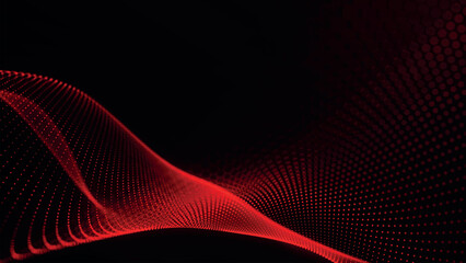 Poster - Futuristic point wave of particles. Visualization of sound waves. Technology or science banner. Abstract digital 3D wave. Vector illustration.