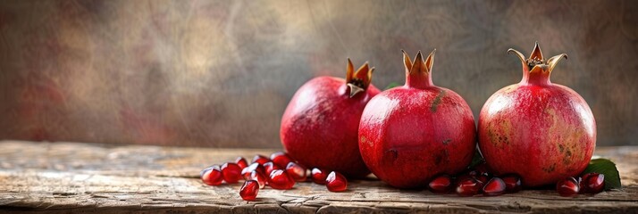 Poster - three red pomegranates with seeds rest on rustic wooden planks. generative ai