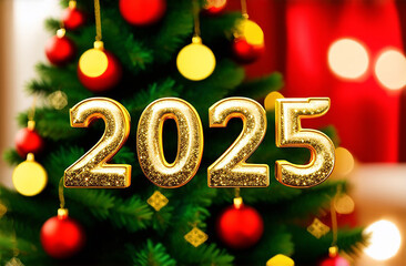 merry christmas and happy new year, number 2025 on bokeh background and christmas tree in year of snake 2025