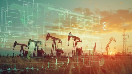 Aufkleber - A field of oil pumps is silhouetted against a sunset sky, with a digital overlay of financial chart graphs. Generative AI