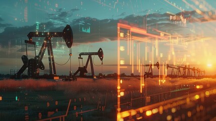 Aufkleber - Oil pumps in a field at sunset with a digital screen overlay displaying financial charts representing rising gasoline prices. Generative AI