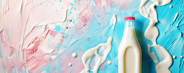 Bottle of milk on a bright color background, with splashes of milk around. The contrasting colors emphasize the freshness and purity of the milk.