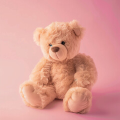 Wall Mural - Heartwarming Studio Photo of a Plush Teddy Bear on a Cotton Pink Background