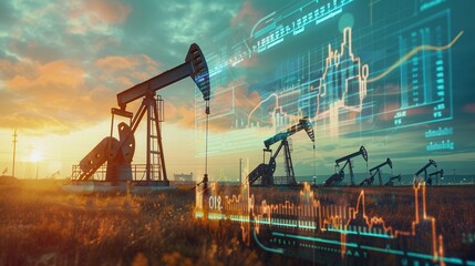 Aufkleber - A field of oil pumpjacks silhouetted against a sunset sky with overlaid digital charts representing financial data. Generative AI
