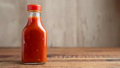 Wall Mural - Glass bottle of red hot chili sauce on rustic wooden table. Tasty and spicy. Flavorful food dressing